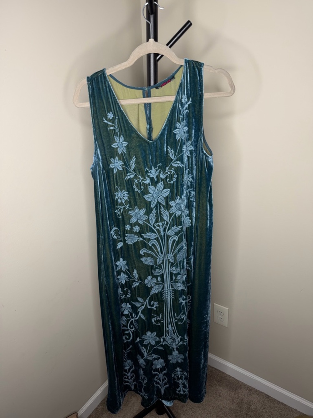 Johnny Was Sleeveless Teal Velvet Floral-Embroidered Dress Size XL